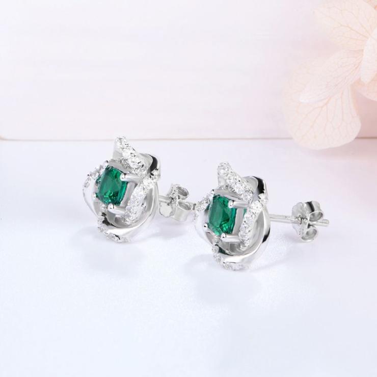 1 Pair Elegant Solid Color Inlay Sterling Silver Lab-Grown Gemstone Ear Studs Green | Lab Created Gemstones High-end Jewelry Green