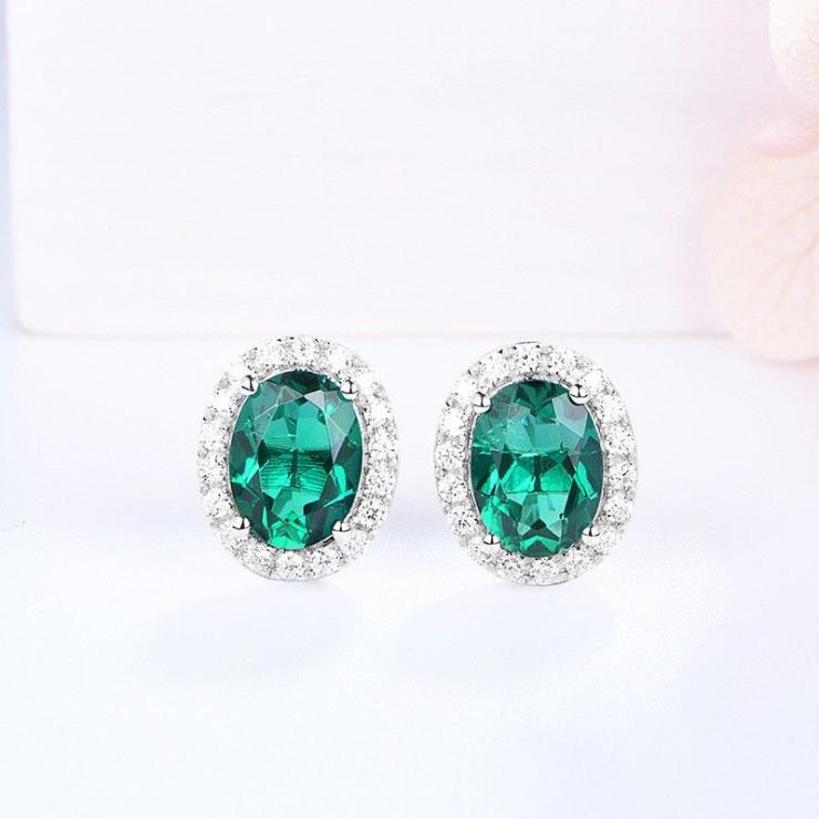 1 Pair Simple Style Oval Inlay Sterling Silver Lab-Grown Gemstone Ear Studs Green | Lab Created Gemstones High-end Jewelry Green