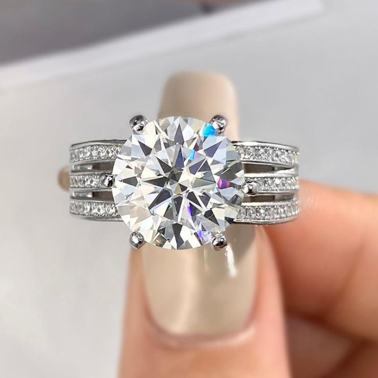 Casual Glam Round Sterling Silver Gra Inlay Moissanite Rings White Gold | Moissanite Rings High-end Jewelry Moissanite Rings