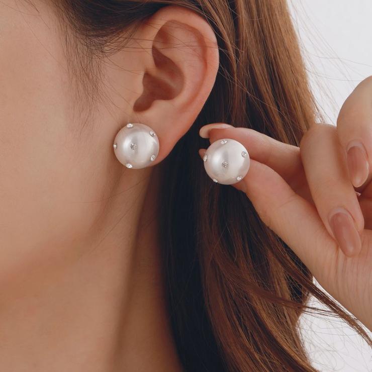 Freshwater Pearl Sterling Silver Casual Elegant Luxurious Inlay Round Artificial Diamond Ear Studs Silver | Freshwater Pearl Jewelry Freshwater Pearl Jewelry Freshwater Pearl Jewelry