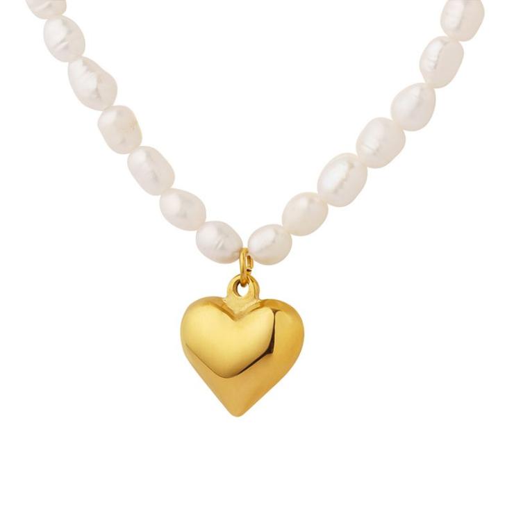 Glam Heart Shape Titanium Steel Beaded Pearl Necklace Gold | Freshwater Pearl Jewelry Freshwater Pearl Jewelry Freshwater Pearl Jewelry