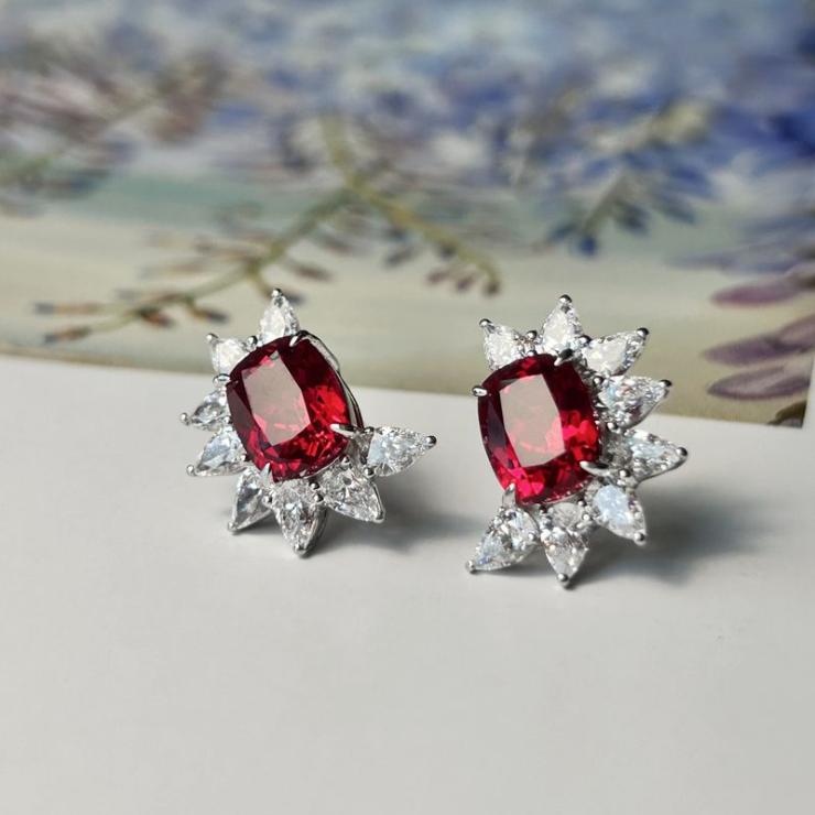 Lab-Grown Gemstone Luxurious Bridal Romantic Inlay Geometric Lab-Grown Gemstone Ear Studs Red | Lab Created Gemstones High-end Jewelry Lab Created Gemstones