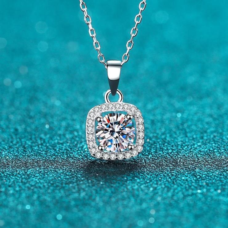 Lady Square Sterling Silver Moissanite Zircon Pendant Necklace In Bulk 6.5mm Zircon | Moissanite Necklace High-end Jewelry 6.5mm Zircon