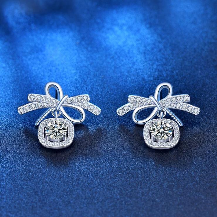 Simple Style Bow Knot Sterling Silver Moissanite Ear Studs In Bulk 50 Points Moissanite (White Gold Color) | Moissanite Earrings High-end Jewelry 50 Points Moissanite (White Gold Color)