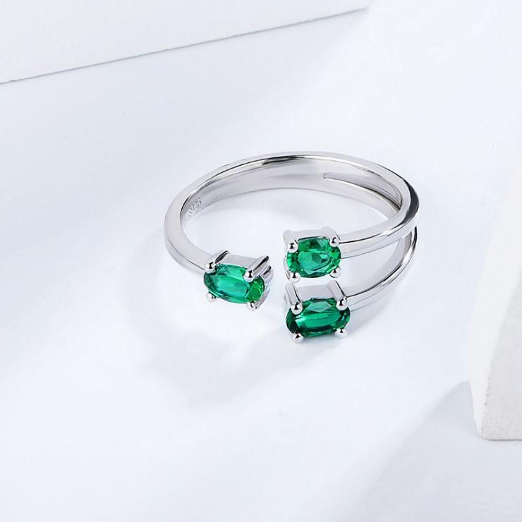 Sterling Silver Elegant Classical Inlay Solid Color Lab-Grown Gemstone Rings Green | Lab Created Gemstones High-end Jewelry Green