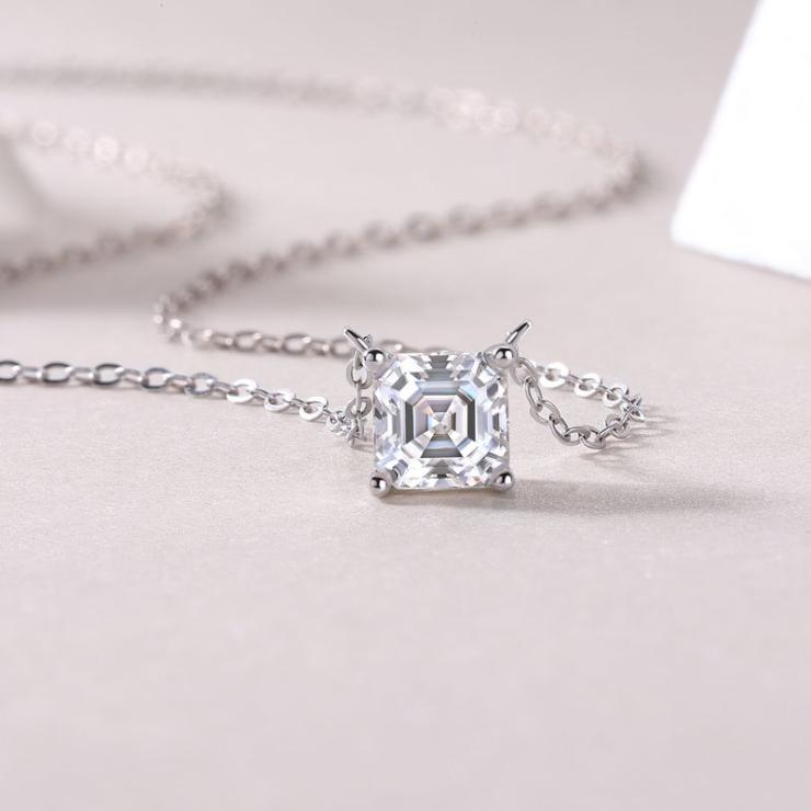 Sterling Silver Inlay Square Moissanite Necklace Moissanite 1 Karat (Bare Goods) | Moissanite Necklace High-end Jewelry Moissanite 1 Karat (Bare Goods)