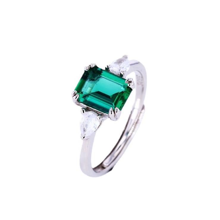 Sterling Silver Simple Style Shiny Inlay Rectangle Lab-Grown Gemstone Open Rings 1.5 Karat Emerald 30 Distribution Drill | Lab Created Gemstones High-end Jewelry 1.5 Karat Emerald 30 Distribution Drill