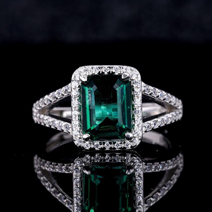 Sterling Silver White Gold Plated Luxurious Shiny Inlay Square Artificial Gemstones Adjustable Ring Emeralds | Lab Created Gemstones High-end Jewelry Emeralds