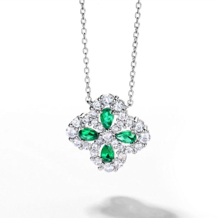 Sterling Silver White Gold Plated Silver Plated Elegant Retro Inlay Four Leaf Clover Lab-Grown Gemstone Zircon Pendant Necklace Emeralds | Lab Created Gemstones High-end Jewelry Emeralds