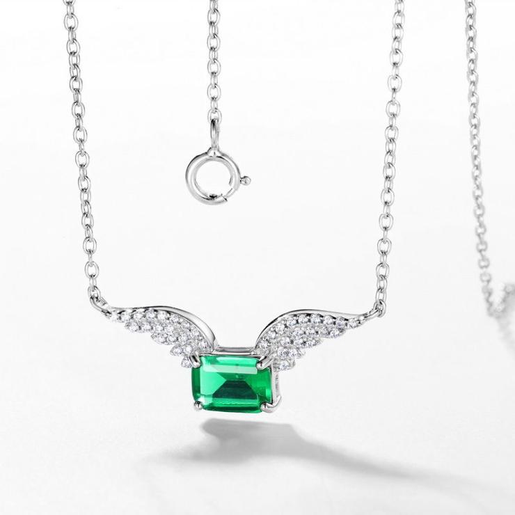 Sterling Silver White Gold Plated Silver Plated Elegant Retro Inlay Wings Lab-Grown Gemstone Zircon Pendant Necklace Emeralds | Lab Created Gemstones High-end Jewelry Emeralds