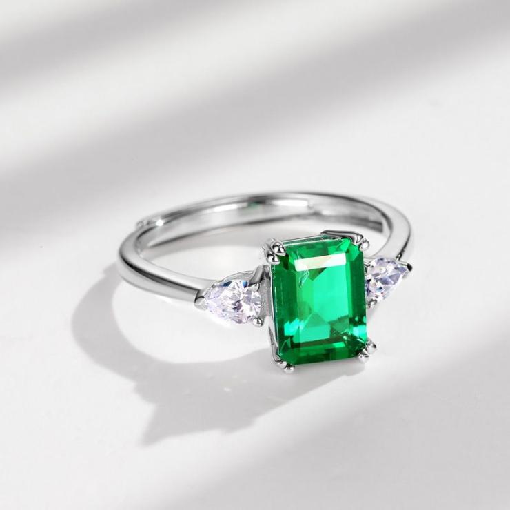 Sterling Silver White Gold Plated Silver Plated Simple Style Inlay Geometric Lab-Grown Gemstone Zircon Open Rings Cultivate Emerald | Lab Created Gemstones High-end Jewelry Cultivate Emerald