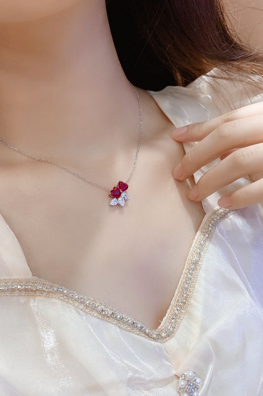 18K Gold Plated Queen Bridal Shiny Inlay Water Droplets Heart Shape Lab-Grown Gemstone Necklace Red | Lab Created Gemstones High-end Jewelry Lab Created Gemstones