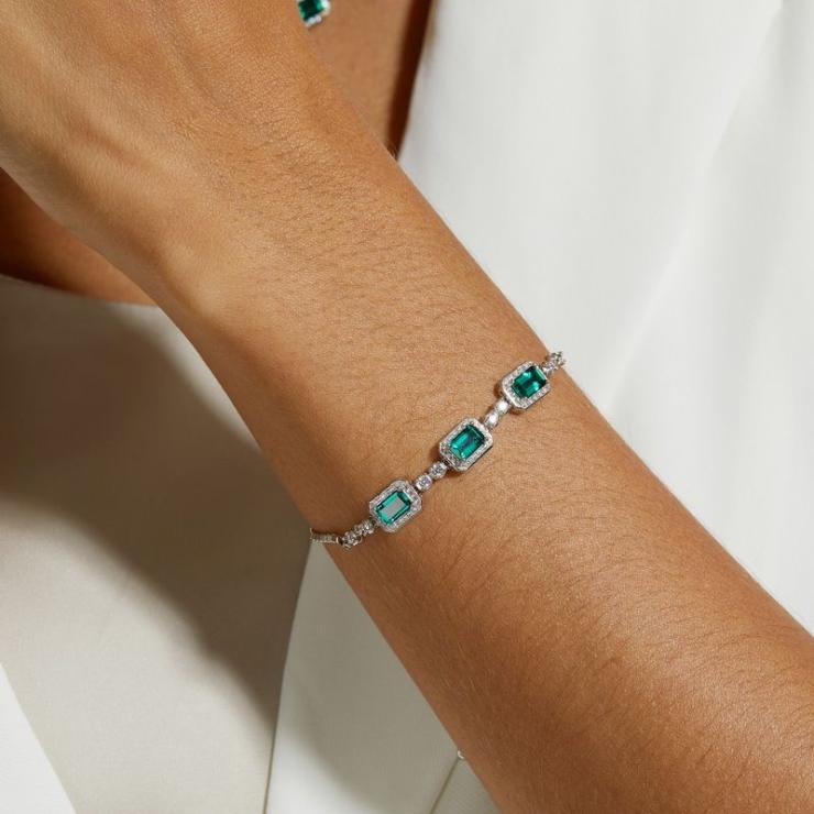 Sterling Silver White Gold Plated Silver Plated Elegant Retro Inlay Geometric Lab-Grown Gemstone Zircon Bracelets Cultivate Emerald Bracelet | Lab Created Gemstones High-end Jewelry Cultivate Emerald Bracelet